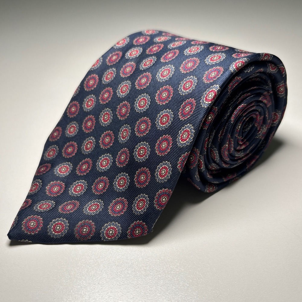 Christian Dior Monsieur VTG Silk Tie Navy Red Medallion Floral Italian Woven USA